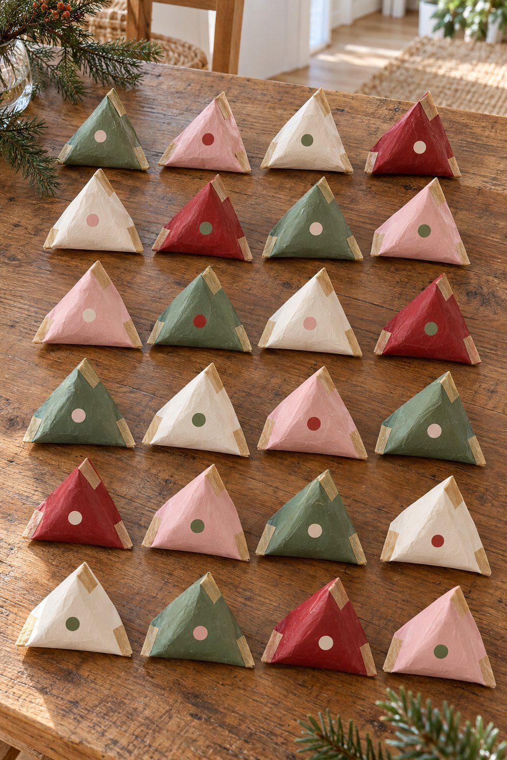 Calendrier de l’avent maison Berlingots en papier peint aux couleurs douces et fermés au ruban adhésif décoratif