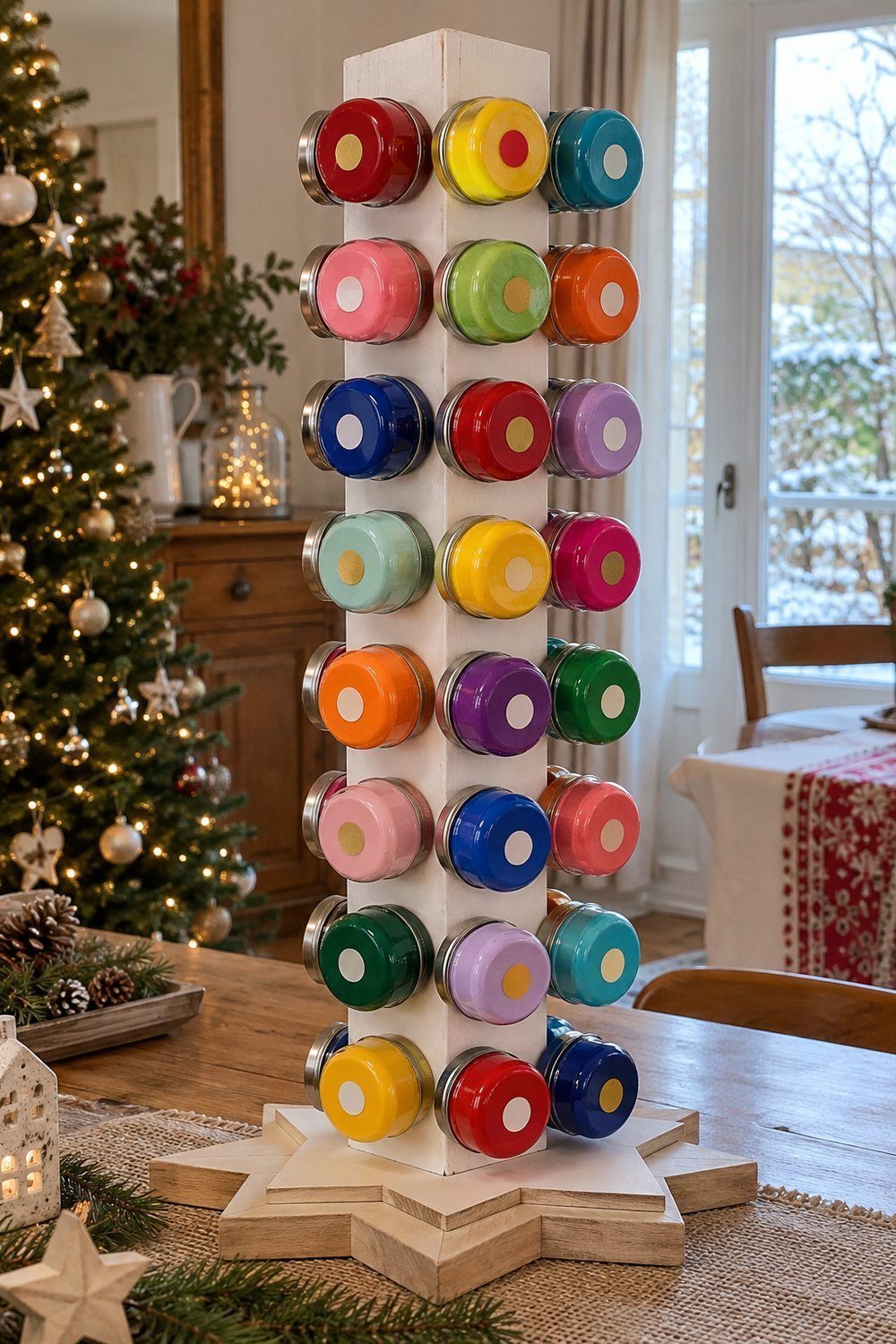 Calendrier de l’avent maison Bocaux colorés fixés autour d’un tasseau blanc posé sur un pied étoilé