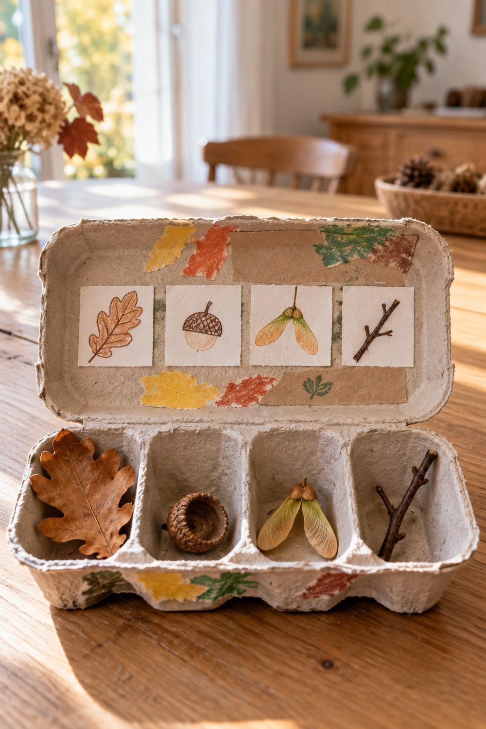 Bricolages d’automne avec des matériaux naturels Boîte d’explorateur en carton avec des trouvailles naturelles triées dans chaque alvéole