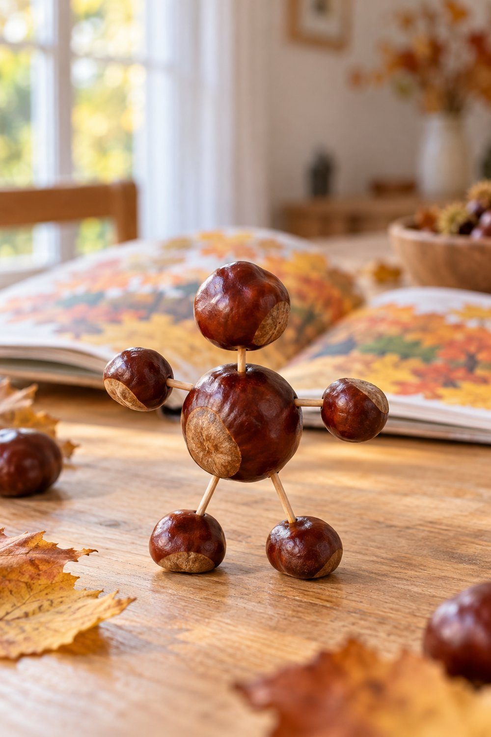 Bricolages d’automne avec des matériaux naturels Bonhomme en marrons d’Inde assemblés avec des cure-dents sur une table de jeu