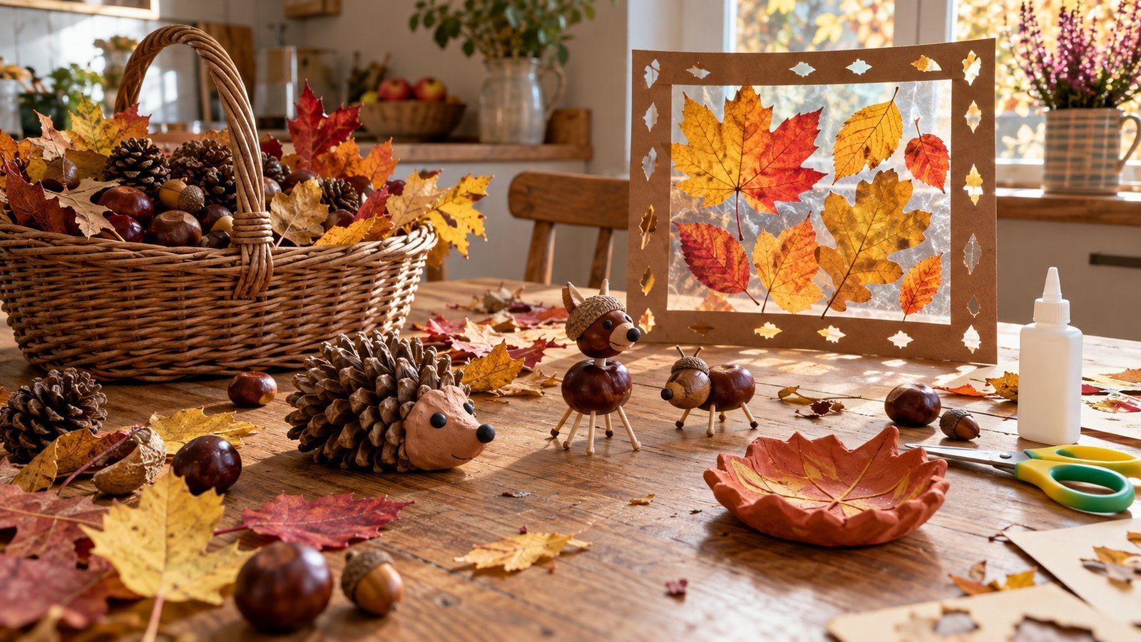 Bricolages d’automne avec des matériaux naturels Table familiale garnie de bricolages naturels et de matériaux ramassés en automne