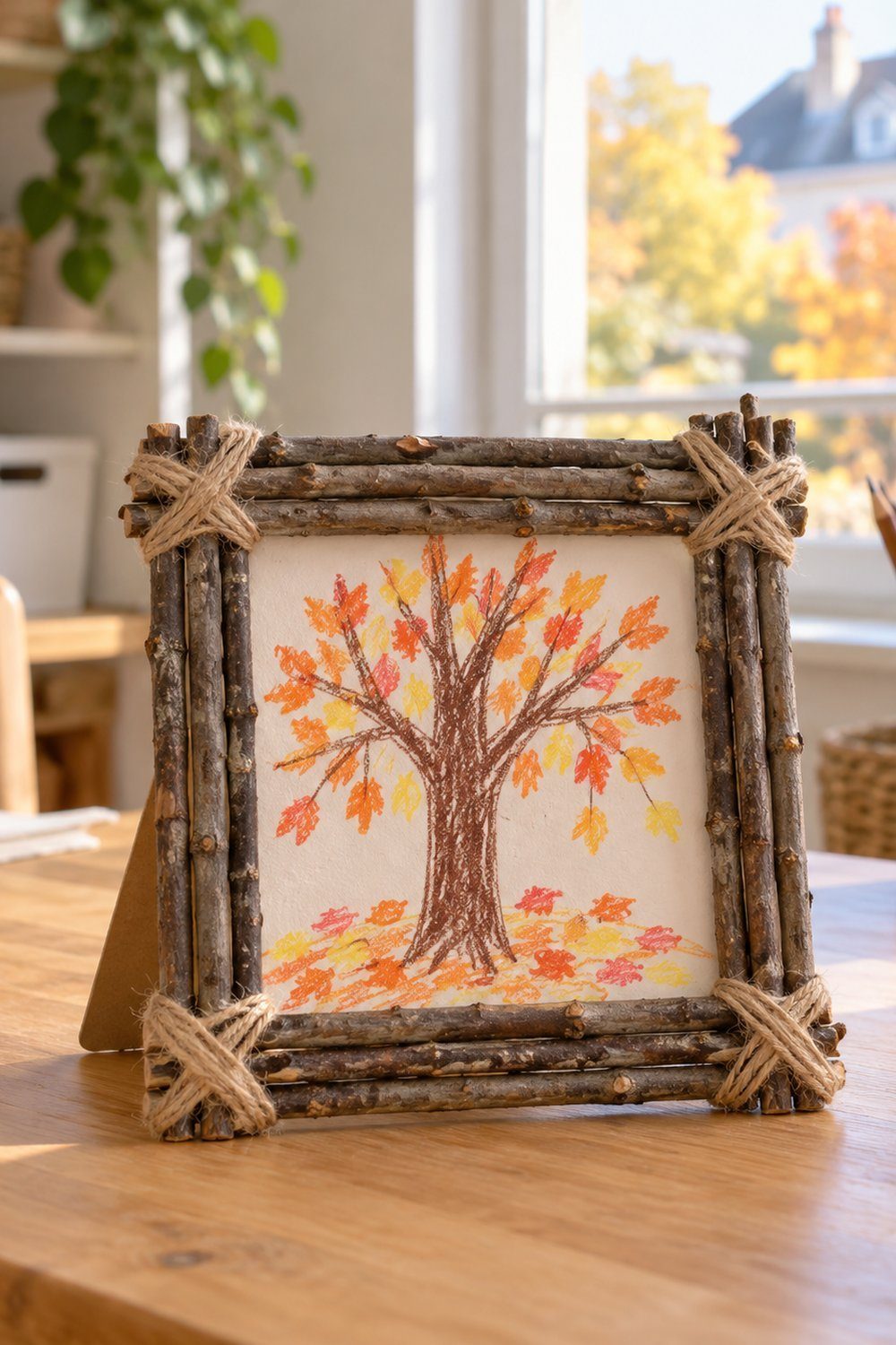Bricolages d’automne avec des matériaux naturels Cadre carré en brindilles liées entourant un dessin enfantin sur un bureau clair