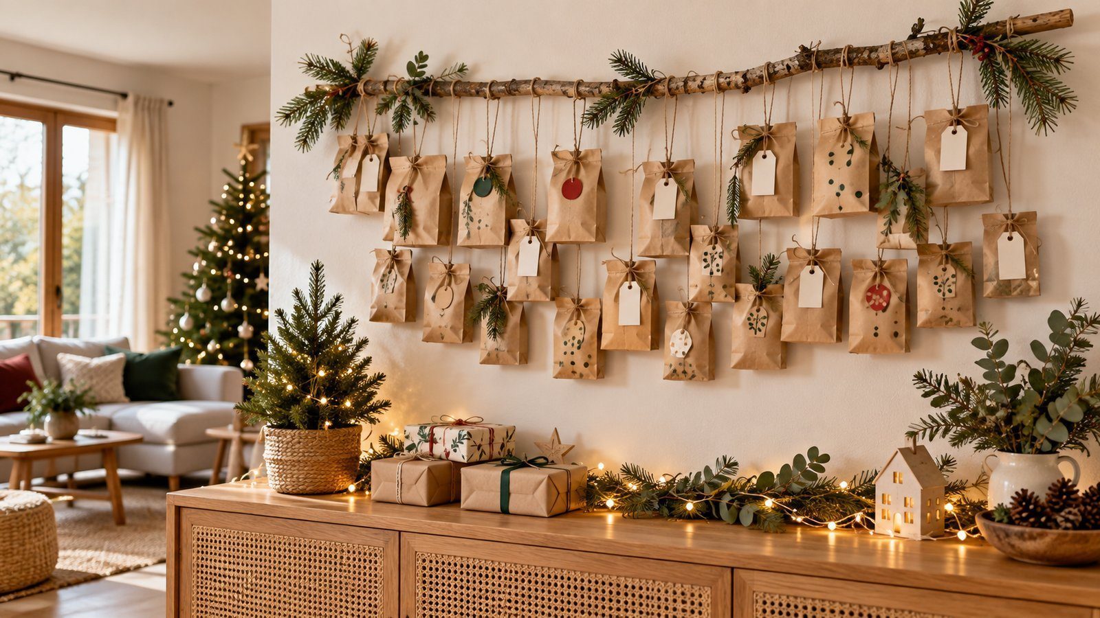 Calendrier de l’avent maison Calendrier en pochettes kraft sur une branche au-dessus d’un buffet de Noël