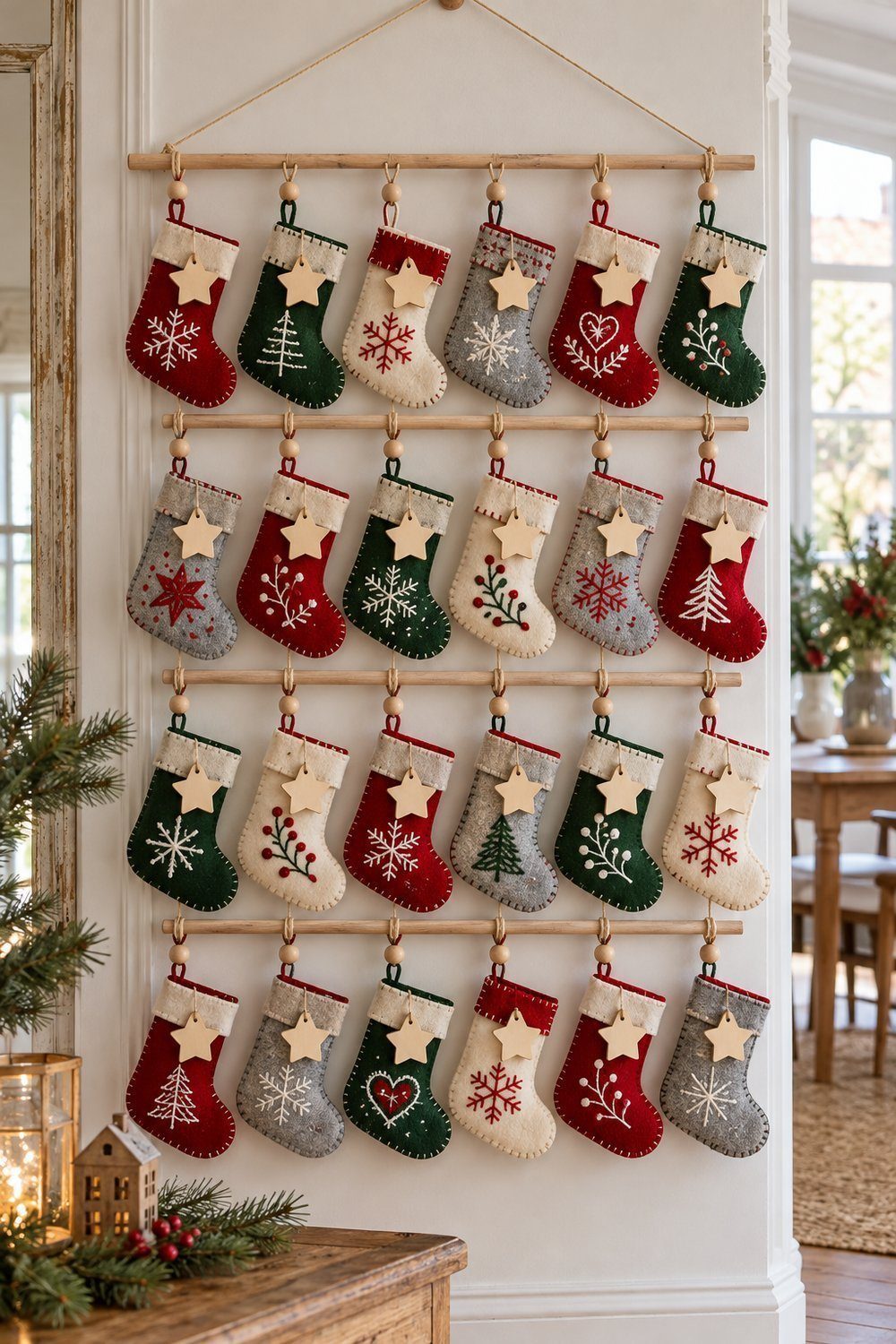 Calendrier de l’avent maison Petites chaussettes en feutrine décorée suspendues sur une structure de baguettes