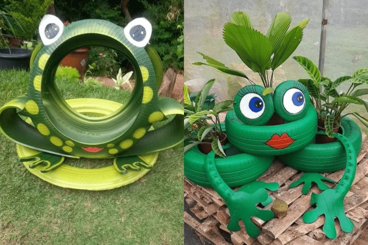 decoration de jardin avec des grenouilles en pneus