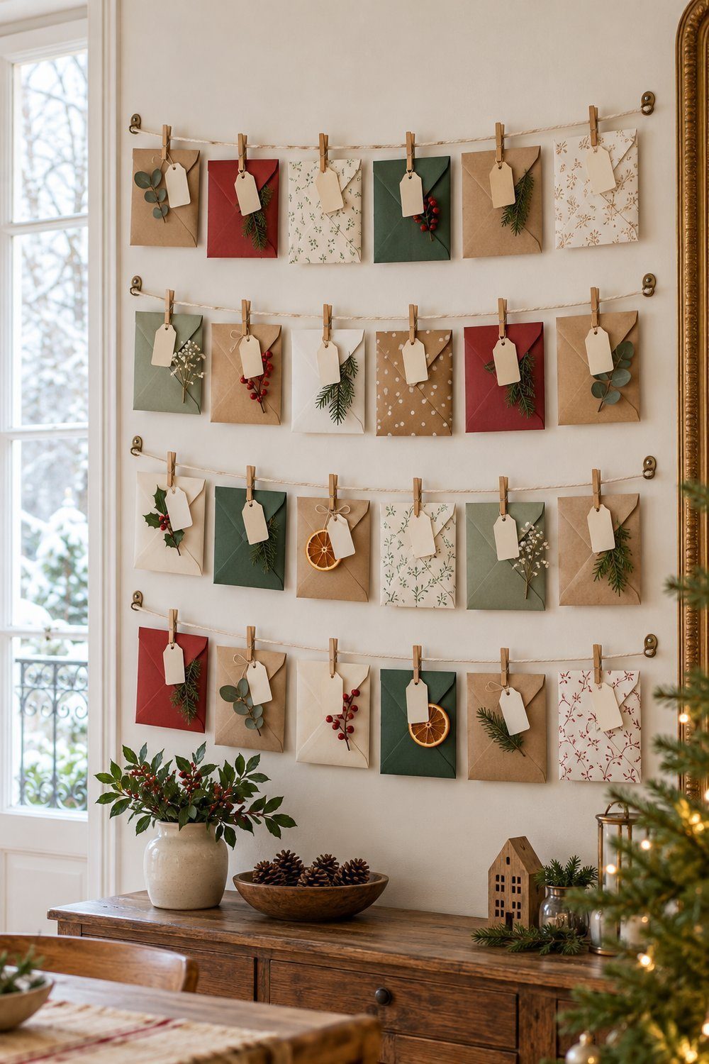 Calendrier de l’avent maison Enveloppes opaques suspendues sur des ficelles avec de petites pinces en bois