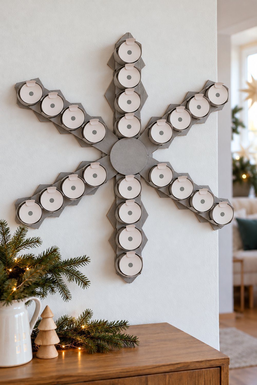 Calendrier de l’avent maison Flocon mural de demi-rouleaux peints fermé par des volets ronds en papier