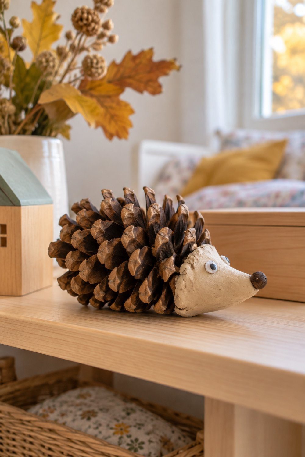 Bricolages d’automne avec des matériaux naturels Hérisson en pomme de pin avec un museau modelé posé sur une étagère