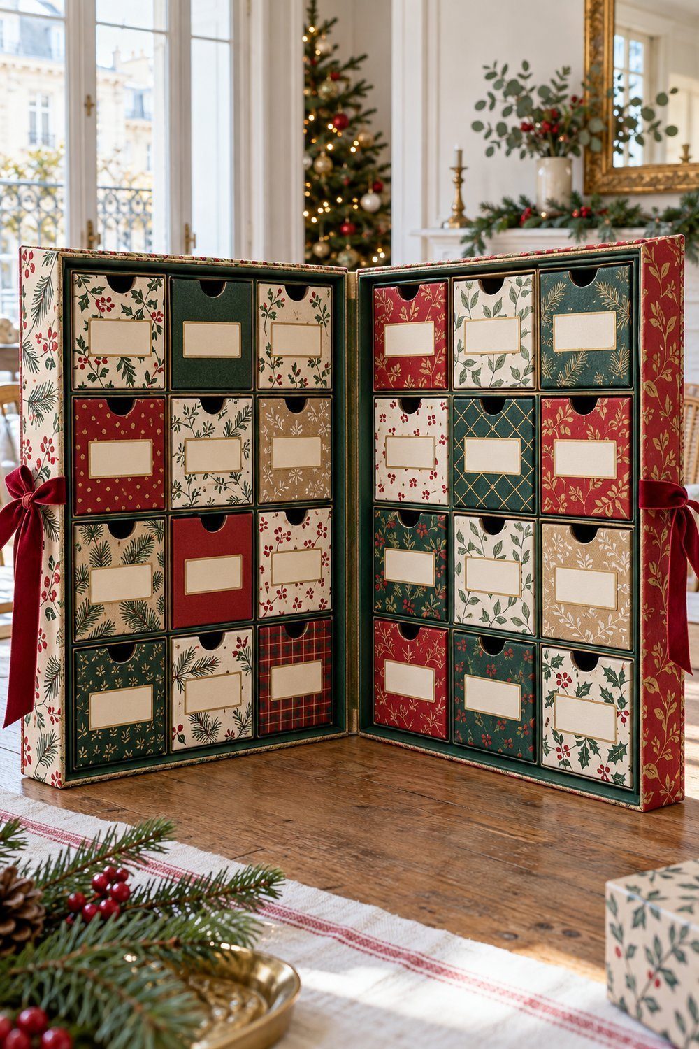 Calendrier de l’avent maison Grand livre cartonné ouvert sur des tiroirs colorés et fermé par un ruban