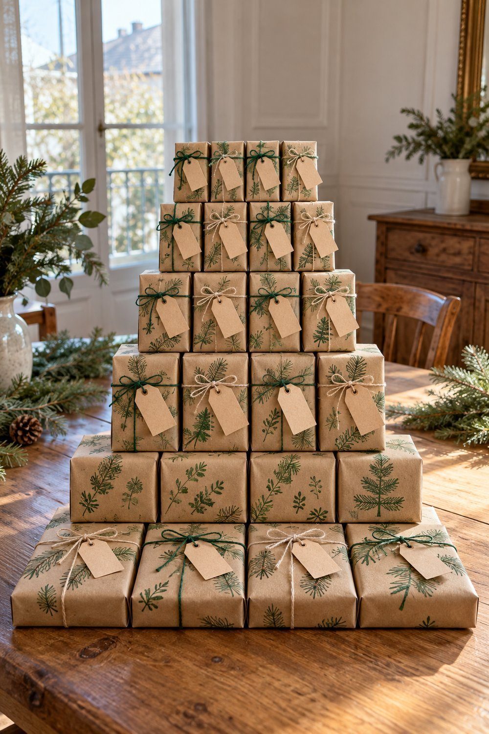 Calendrier de l’avent maison Livres emballés de papier kraft et empilés en sapin près du canapé
