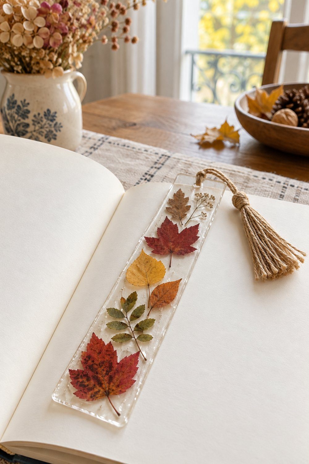 Bricolages d’automne avec des matériaux naturels Marque-page transparent à pompon contenant de petites feuilles pressées dans un livre ouvert