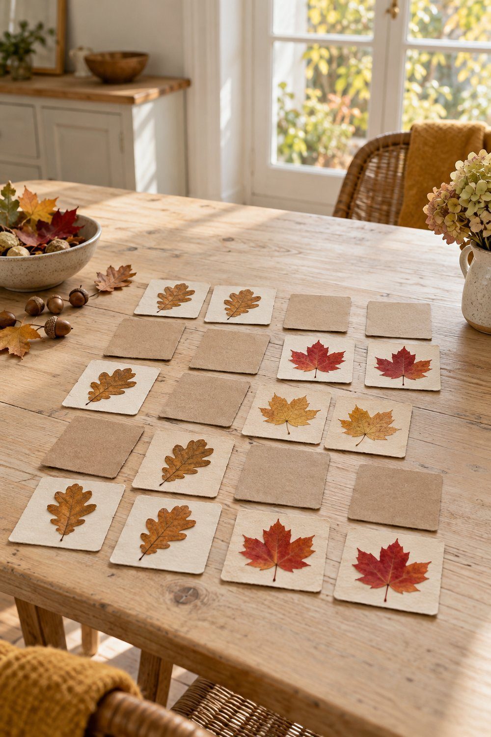 Bricolages d’automne avec des matériaux naturels Cartes de memory portant des paires de vraies feuilles sur du carton épais