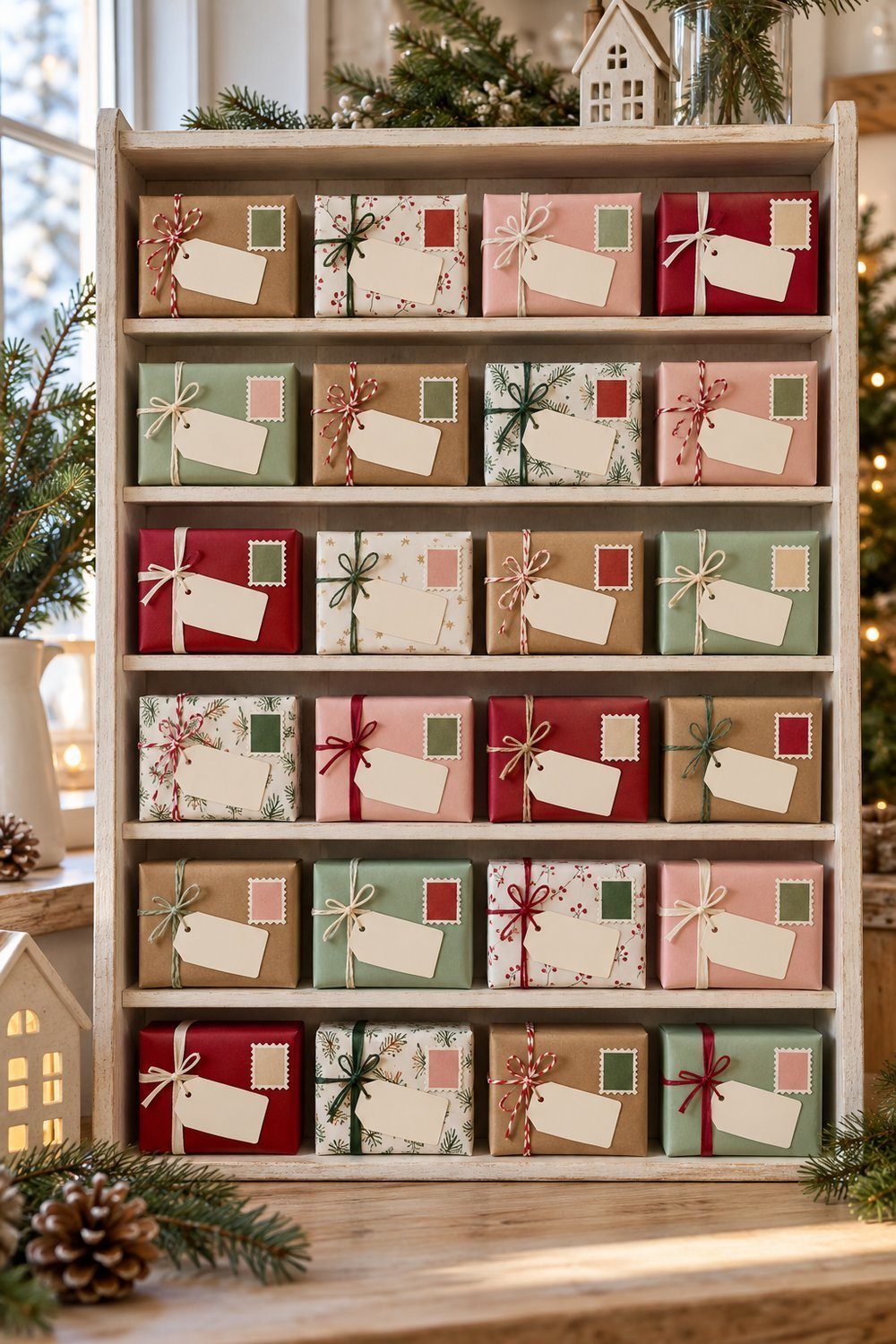Calendrier de l’avent maison Petits colis colorés ficelés avec des étiquettes unies et des timbres décoratifs