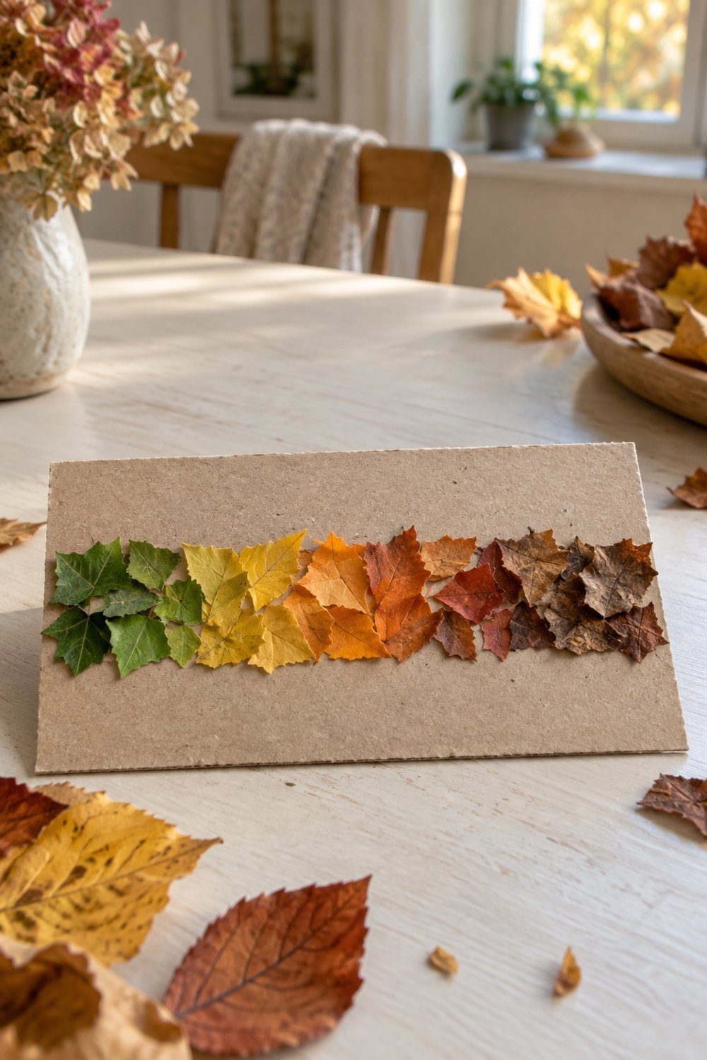 Bricolages d’automne avec des matériaux naturels Carte-palette couverte de fragments naturels classés du vert au brun sur carton
