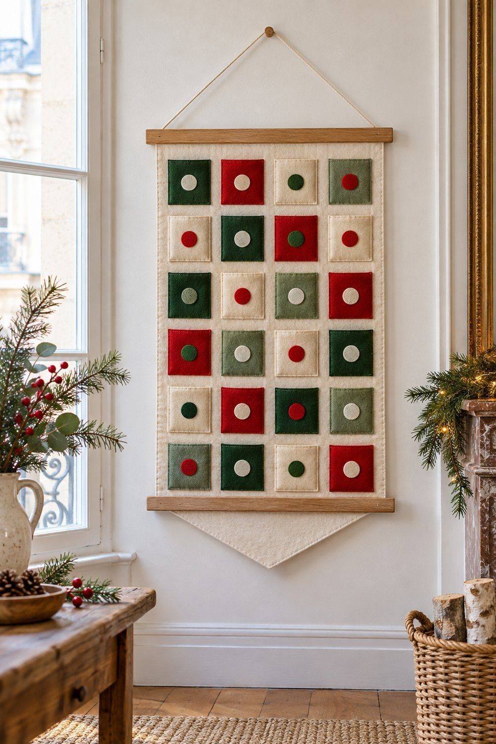 Calendrier de l’avent maison Panneau mural en feutrine colorée avec poches carrées et suspension en bois