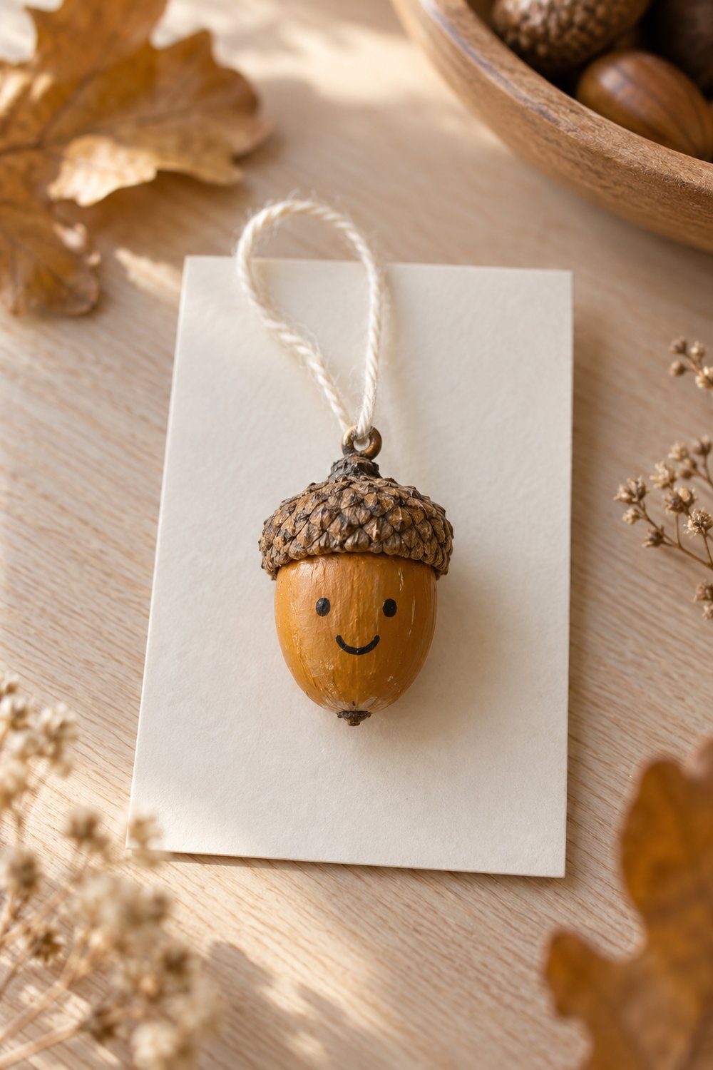 Bricolages d’automne avec des matériaux naturels Pendentif en gland peint et cupule naturelle présenté sur une carte cadeau vierge