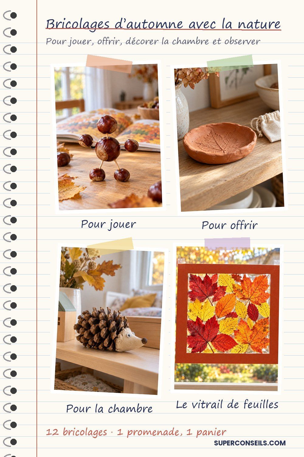 Bricolages d’automne avec des matériaux naturels Épingle bricolages d’automne : bonhomme en marrons, coupelle en argile, hérisson en pomme de pin et vitrail de feuilles