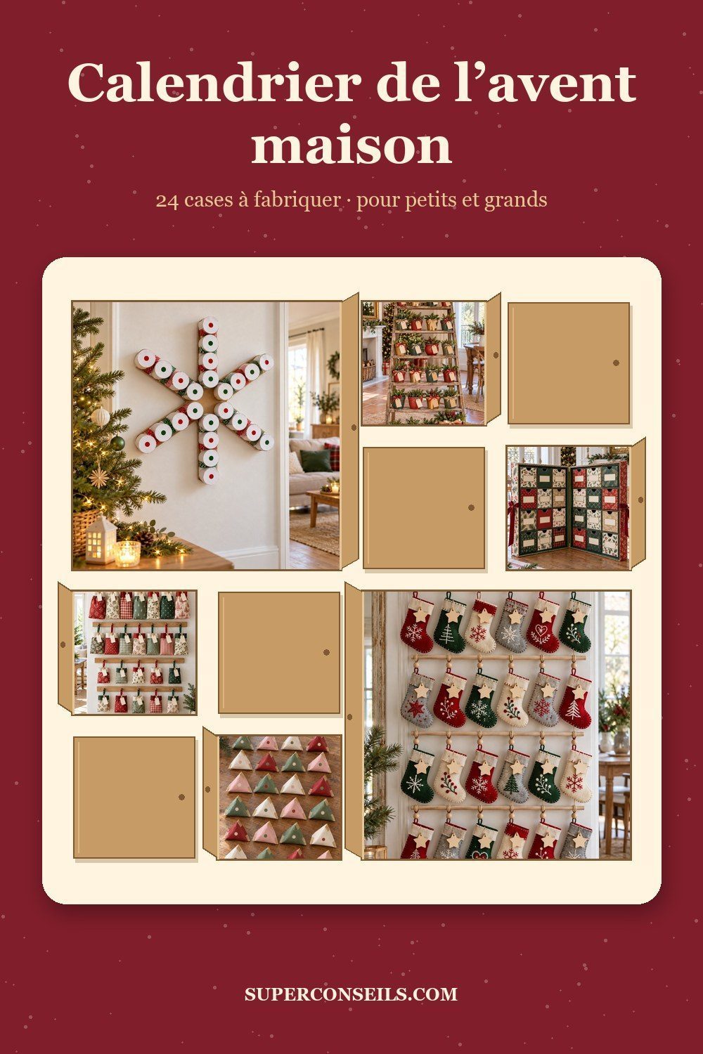 Calendrier de l’avent maison Épingle calendrier de l’avent maison : flocon de rouleaux, chaussettes en feutrine, pots, livre à tiroirs et sachets