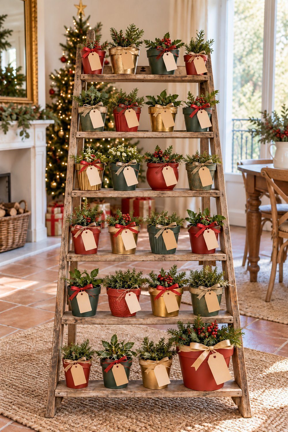 Calendrier de l’avent maison Pots de fleurs décorés et étiquetés répartis sur les marches d’un escabeau