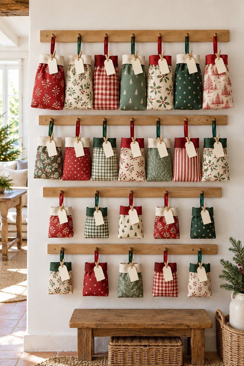 Calendrier de l’avent maison Sachets en tissu à fond formé fermés par des pinces et ornés de rubans