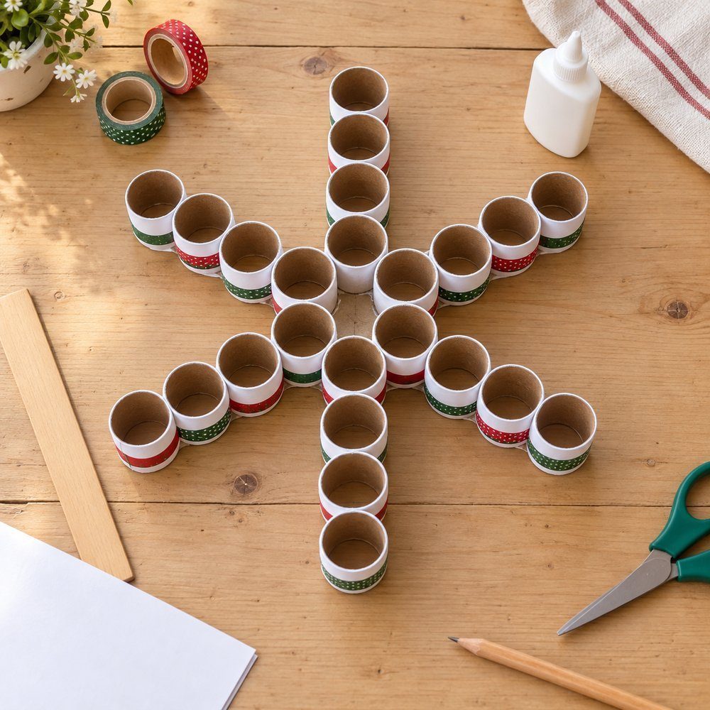 Calendrier de l’avent maison Demi-rouleaux assemblés en flocon et collés sur leur fond cartonné