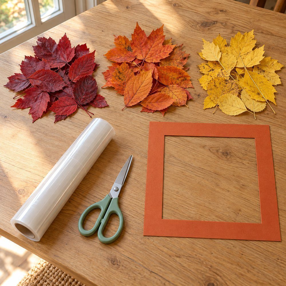 Bricolages d’automne avec des matériaux naturels Feuilles ramassées bien plates près du papier adhésif et du cadre carré en carton orange