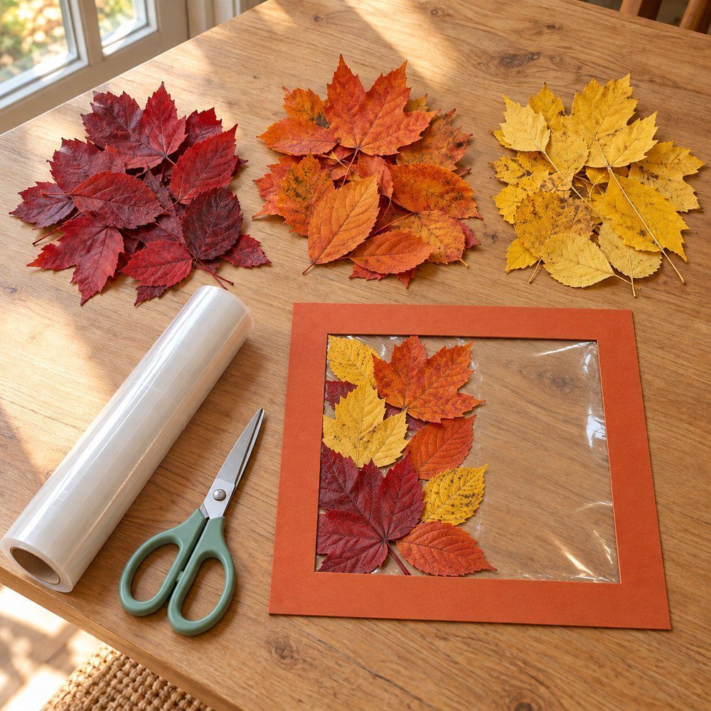Bricolages d’automne avec des matériaux naturels Feuilles disposées sur la face collante du papier transparent dans le cadre carré en carton orange
