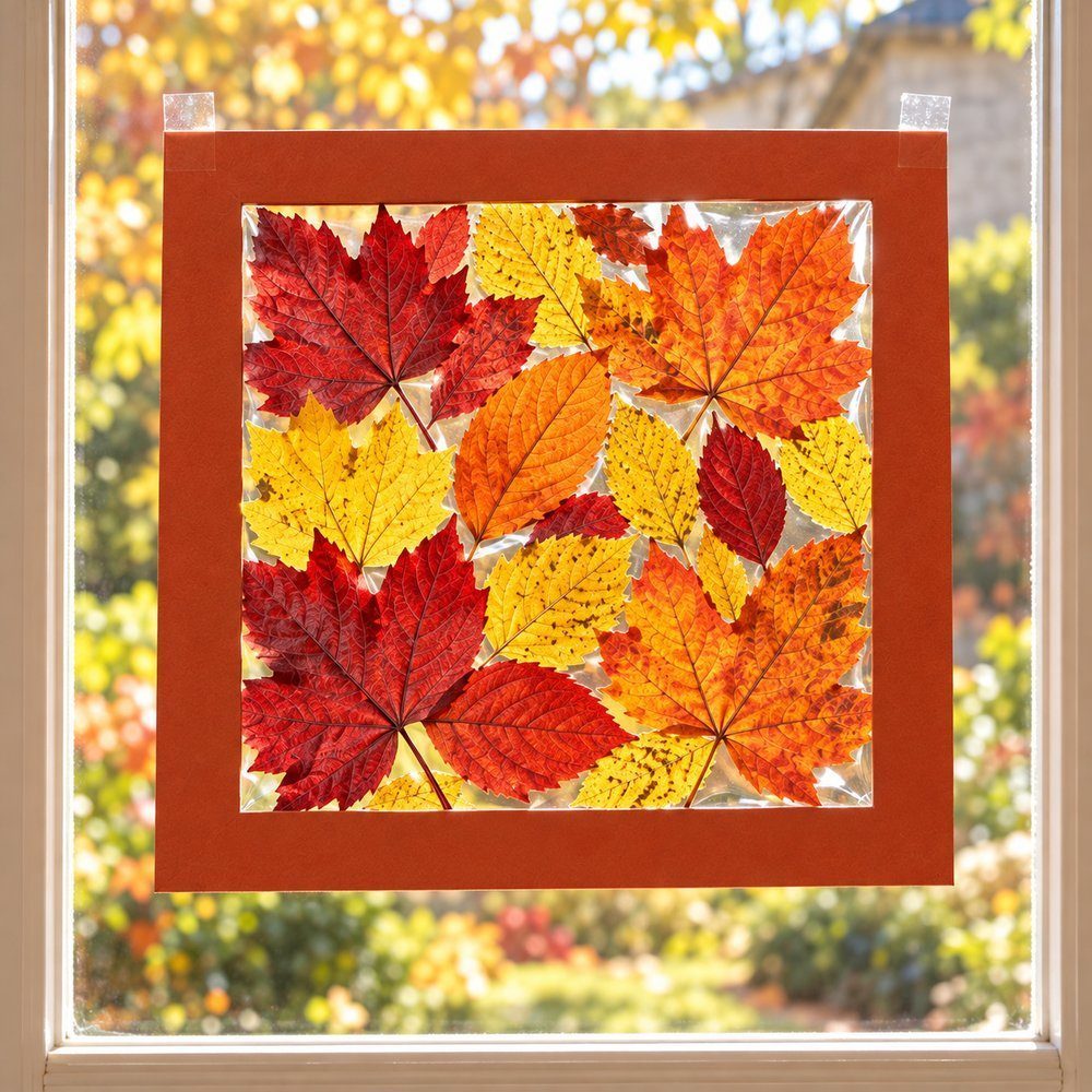 Bricolages d’automne avec des matériaux naturels Vitrail de feuilles dans un cadre carré en carton orange scotché à la vitre